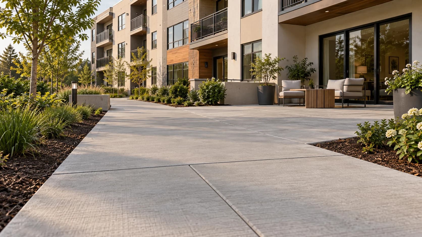 AI-generated apartment patio and concrete walkway concept with visible surface texture and control joints