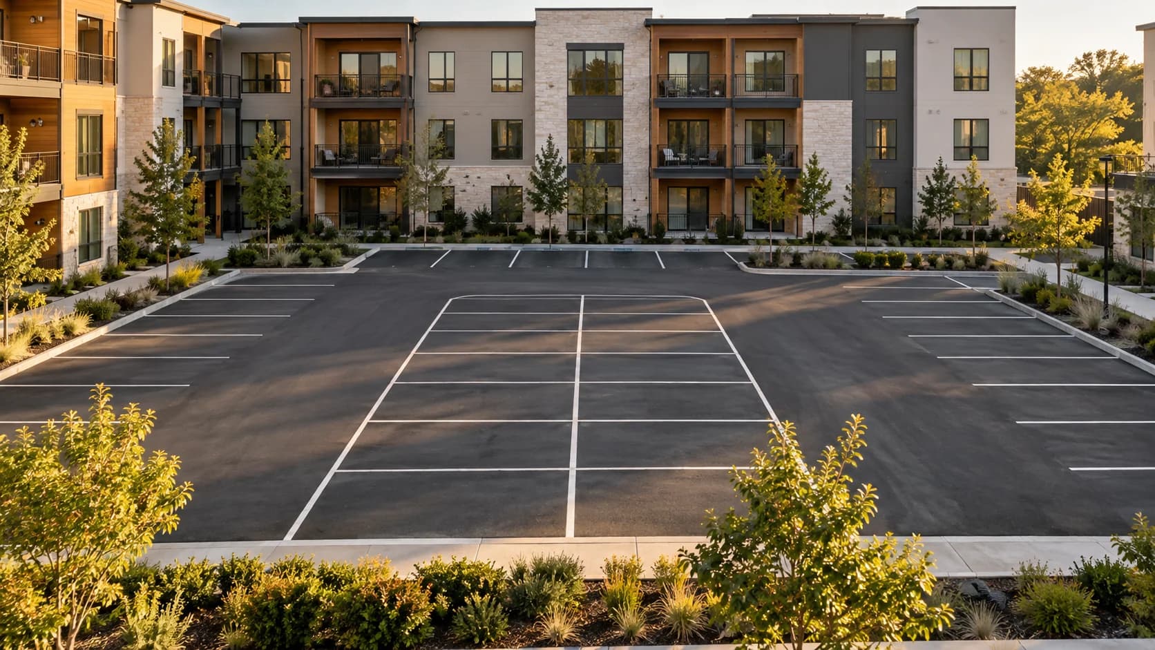 AI-generated apartment parking court concept with white stall striping and a drive aisle