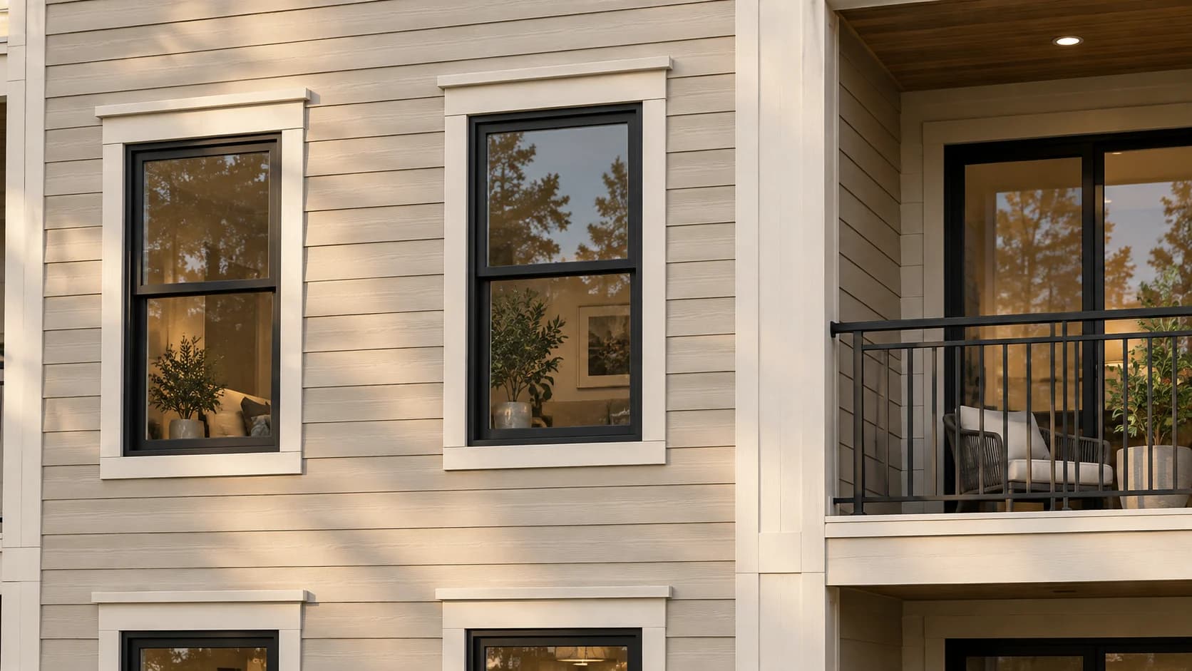 AI-generated apartment elevation detail with painted lap siding, windows and balcony trim
