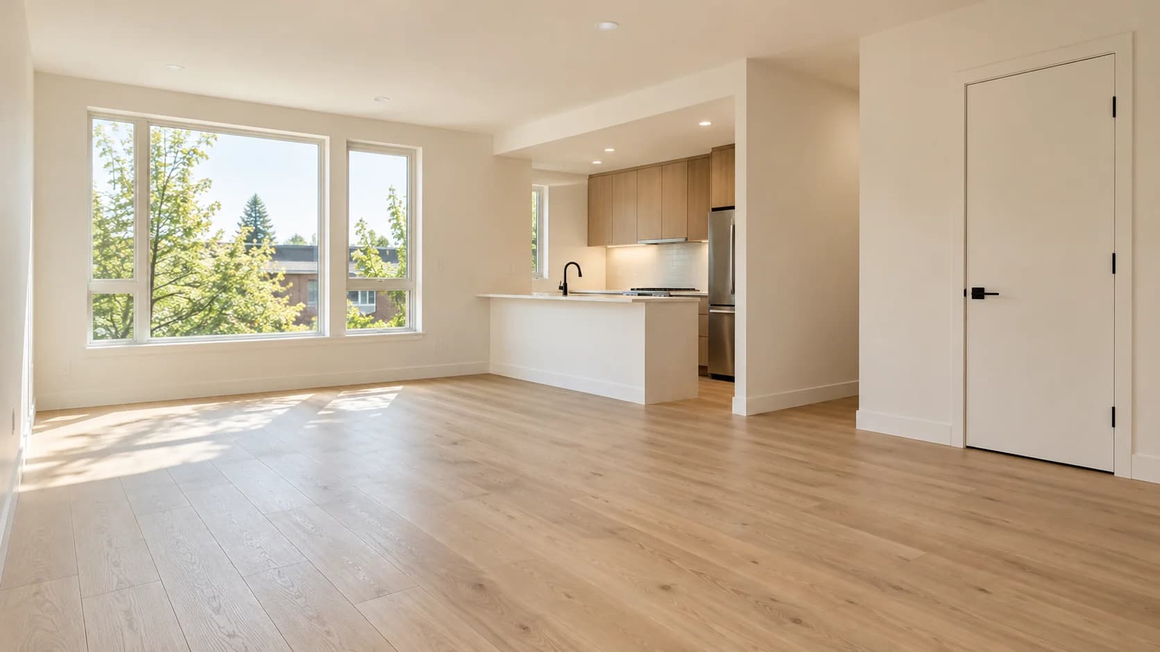 AI-generated vacant apartment concept with painted walls, plank flooring and coordinated interior openings
