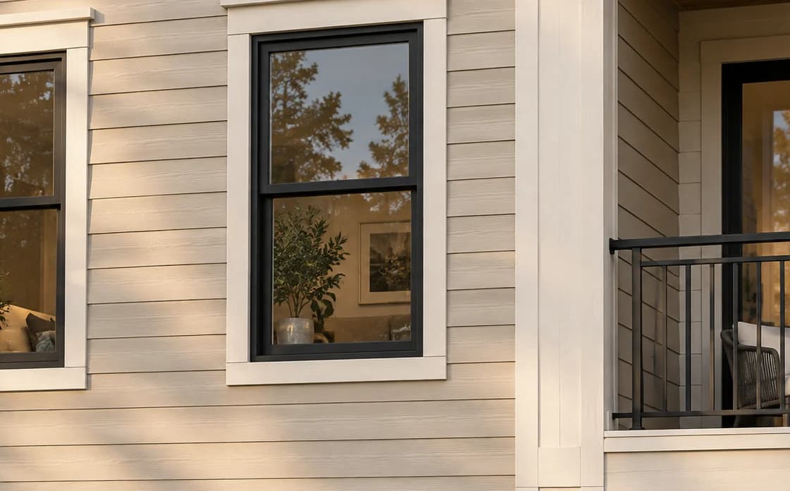 AI-generated apartment facade crop showing dark window frames and surrounding painted trim
