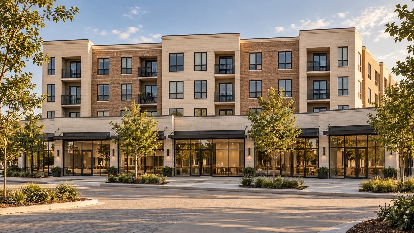 AI-generated mixed-use building concept with repeated apartment windows and ground-floor storefronts