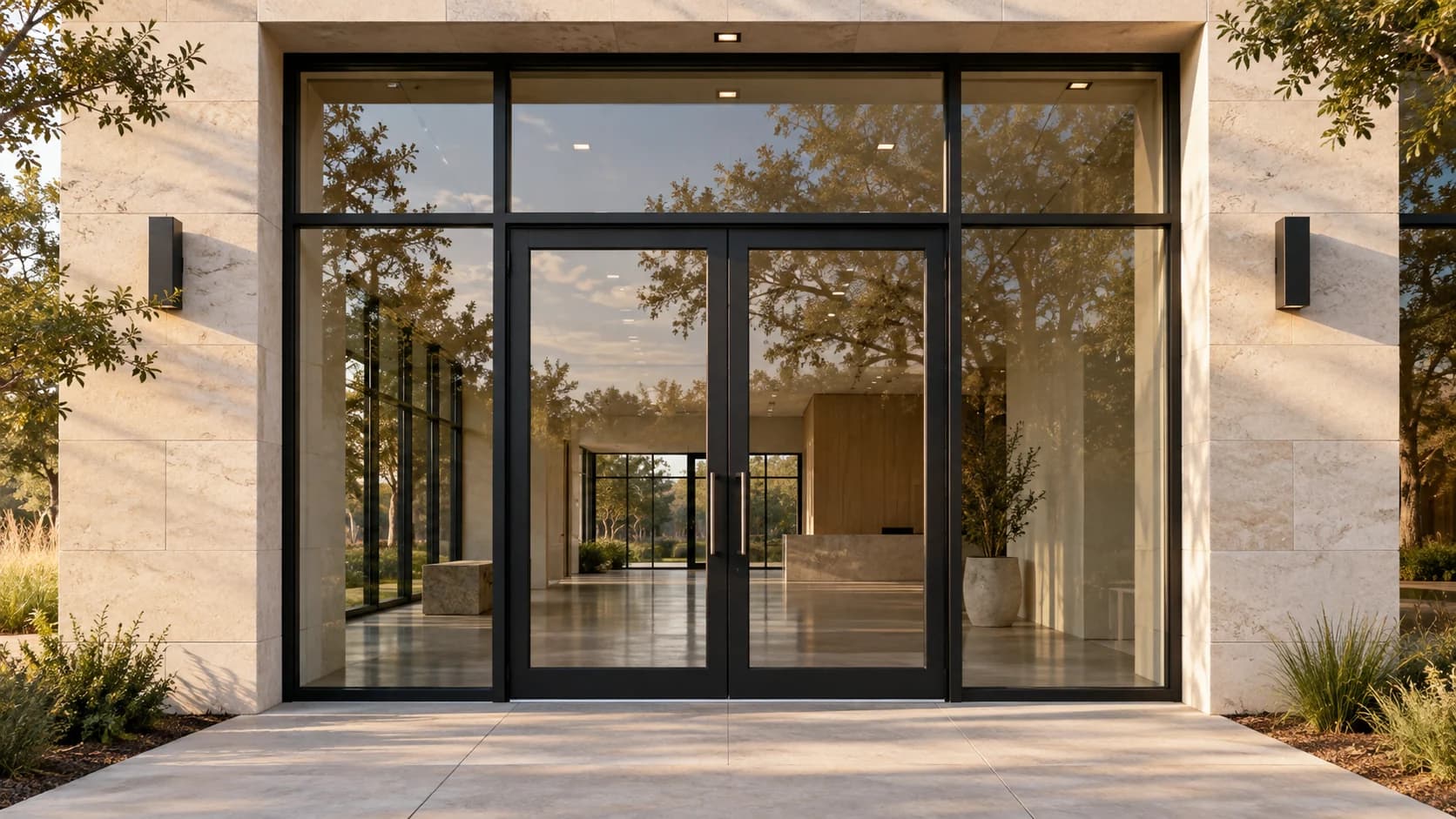 AI-generated commercial storefront concept with dark aluminum frames, fixed glazing and glass entry doors