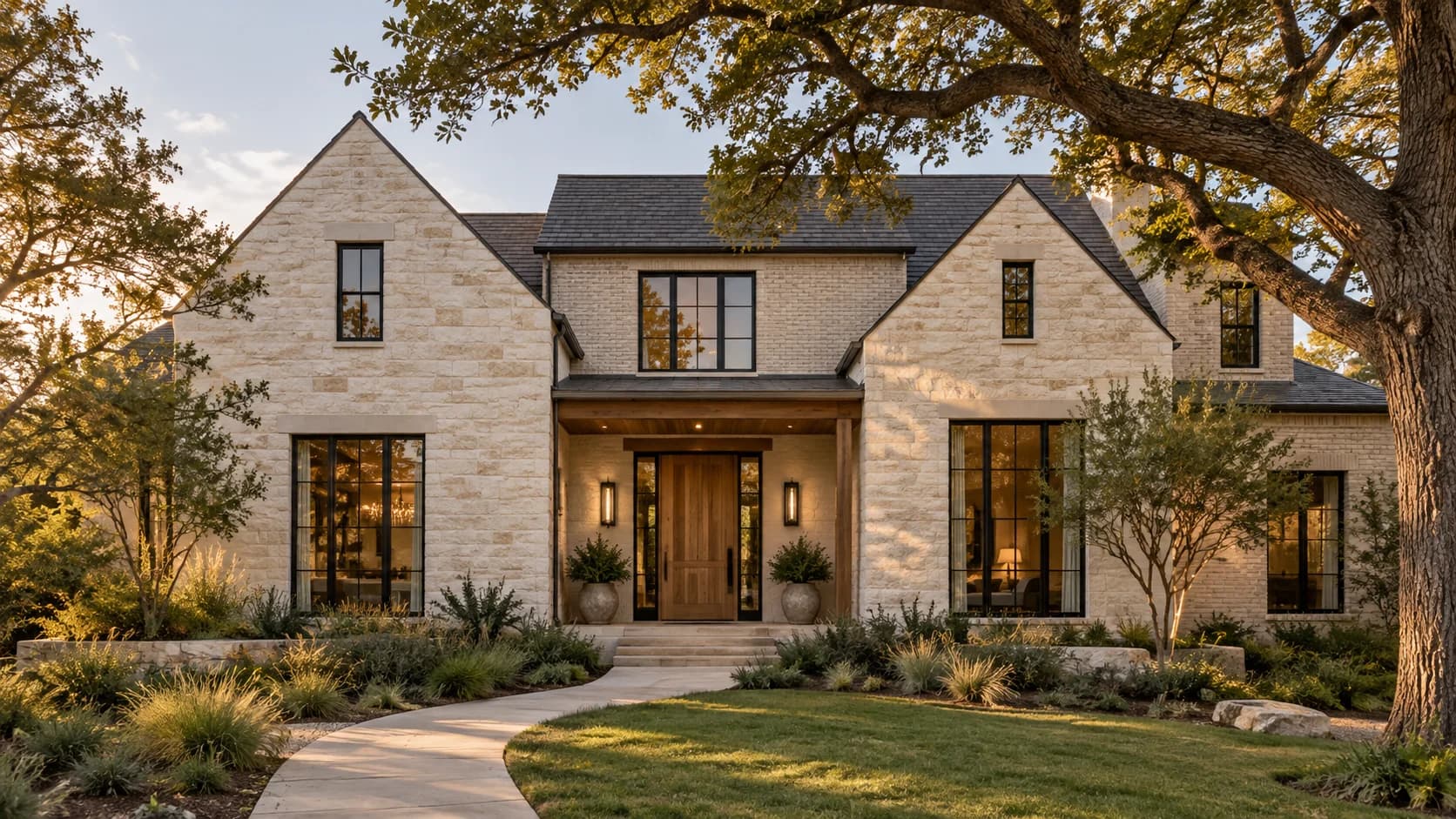 AI-generated individual home concept with a wood entry, pale masonry and dark-framed windows