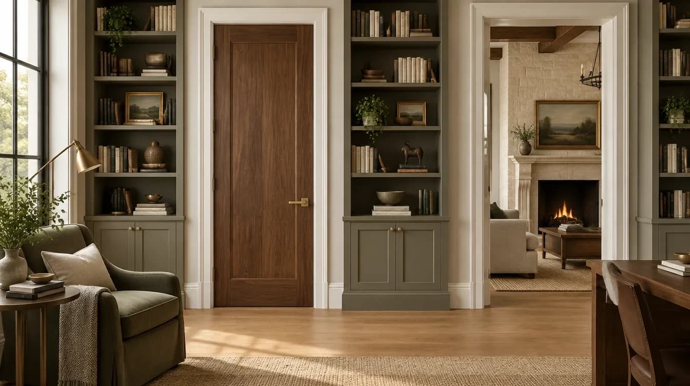 AI-generated library design study with a wood door and painted architectural trim