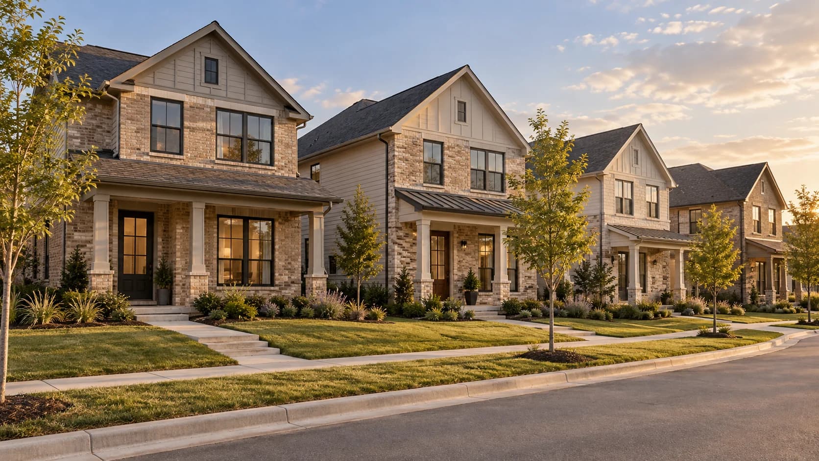Illustrative concept of coordinated two-story houses along a residential street