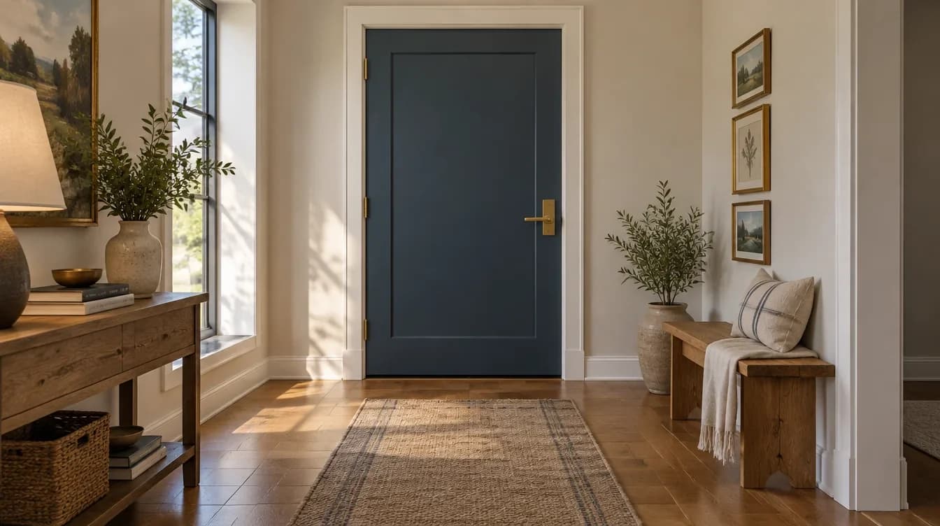 AI-generated renovated entry study with a navy door, painted casing and warm metal hardware