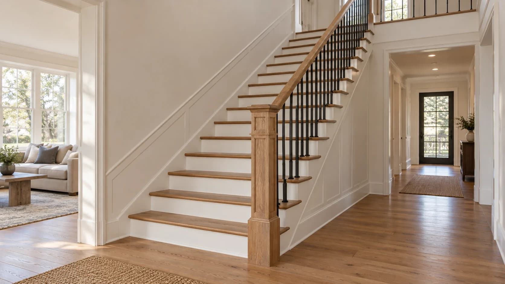 AI-generated home stair concept with oak treads, painted risers, dark balusters and a continuous wood handrail
