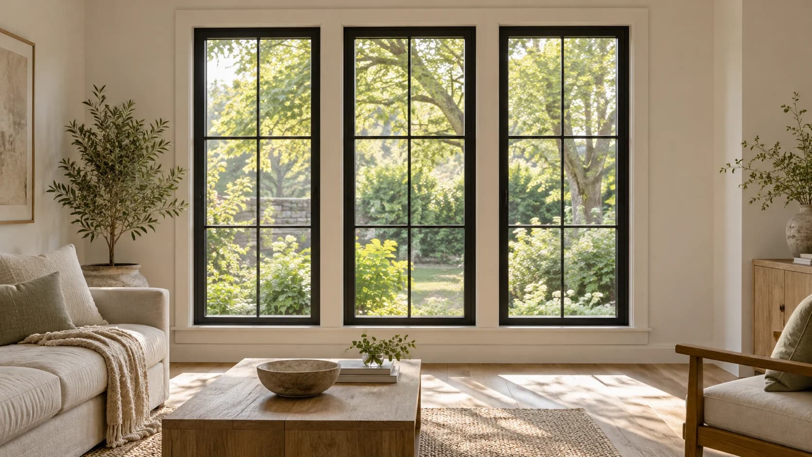 AI-generated living-room concept centered on three tall dark-framed windows and painted casing
