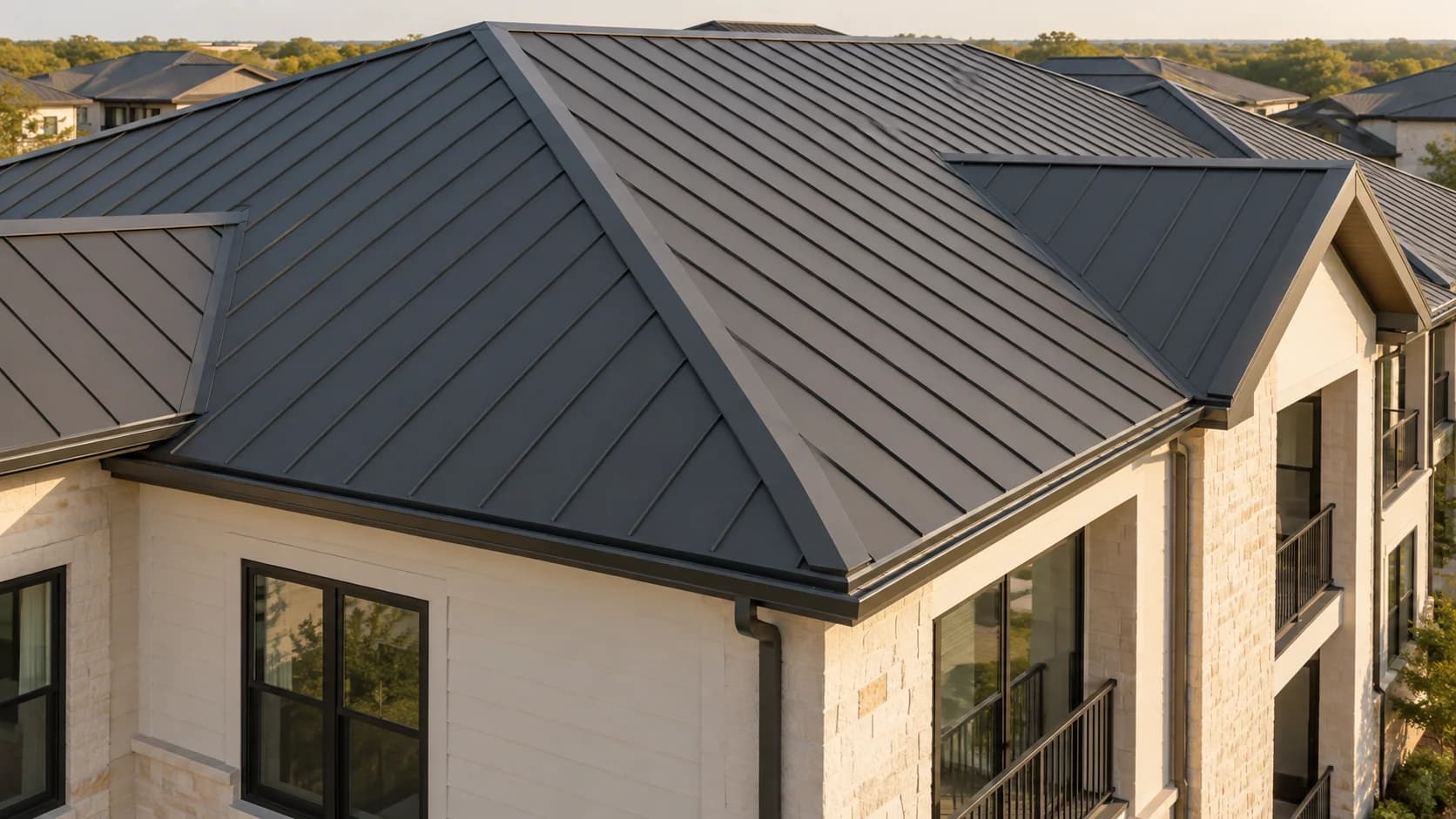 AI-generated close view of a standing-seam metal roof on an apartment building