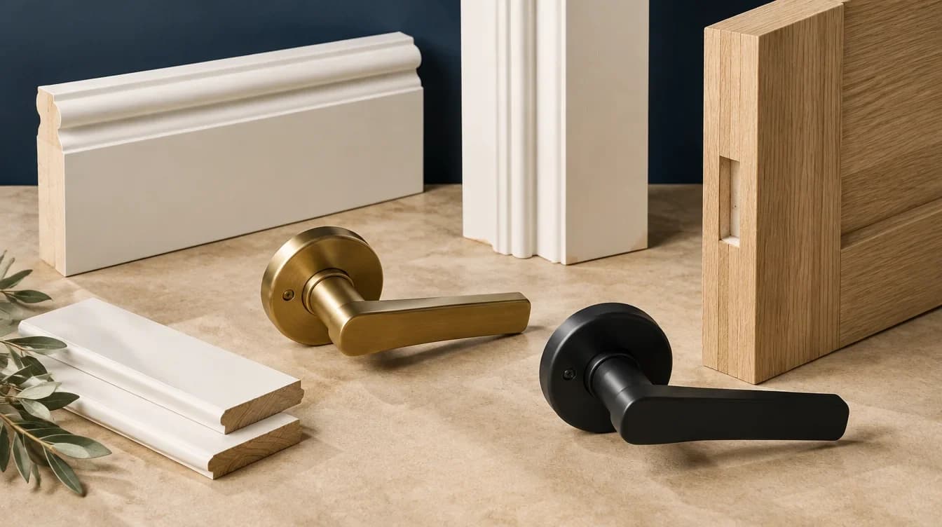 AI-generated material study of painted trim, oak, brass and dark door levers