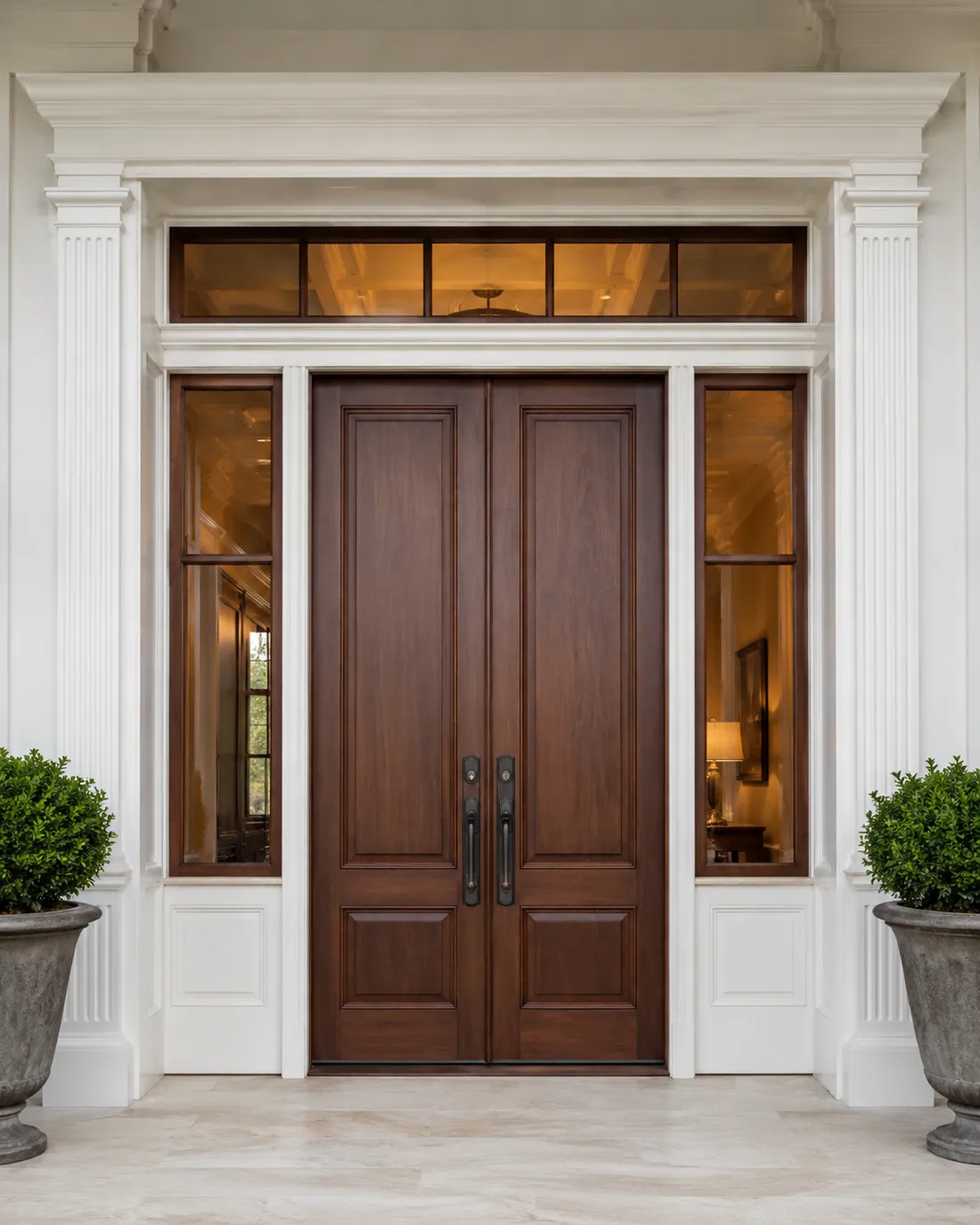 Finished exterior entry door and surrounding trim.