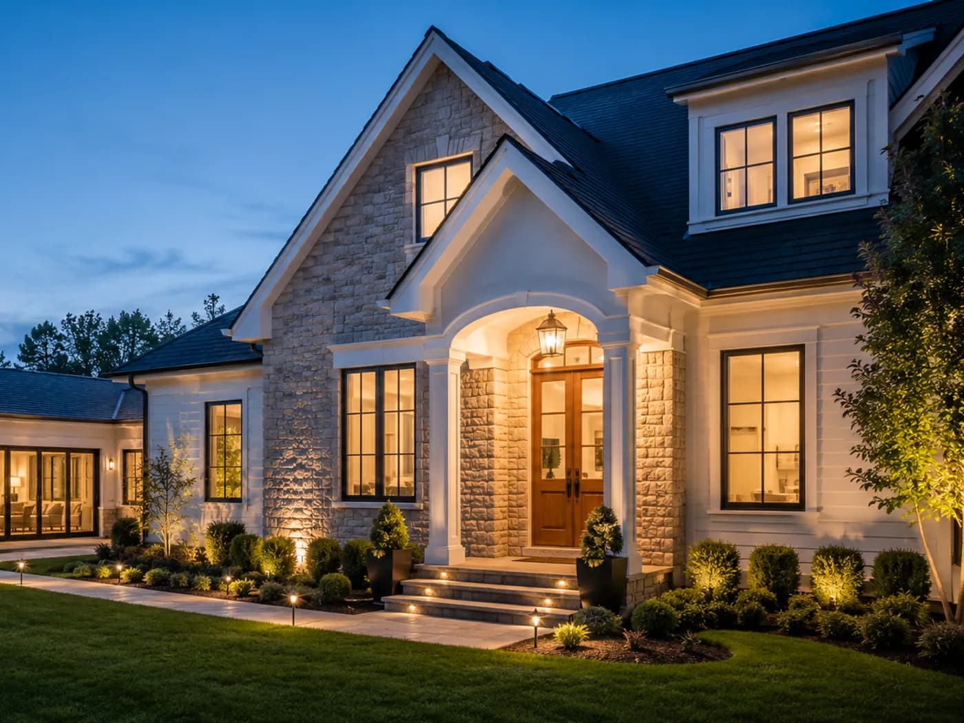 Finished residential exterior at twilight.