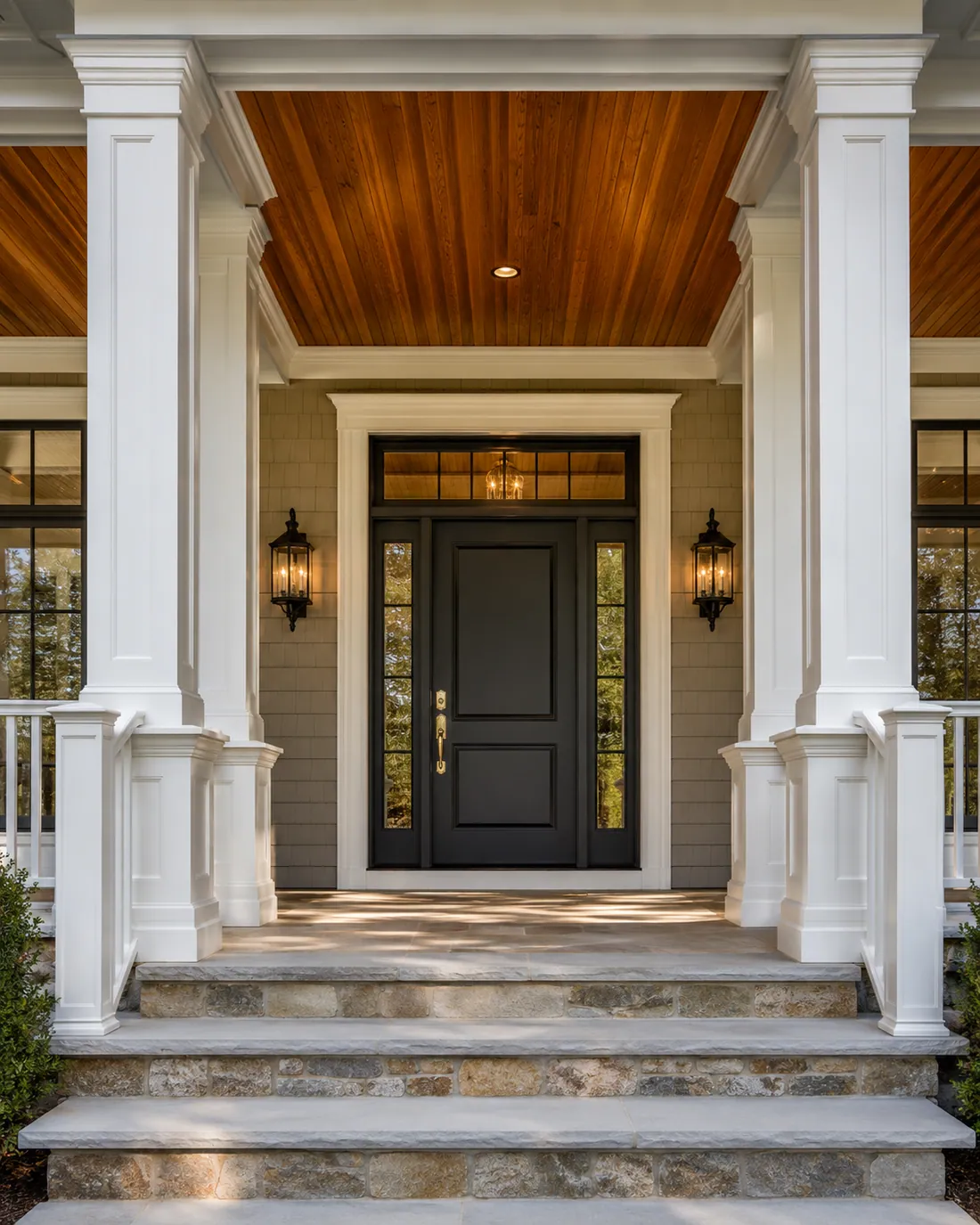 Covered front porch with finished exterior door and trim.