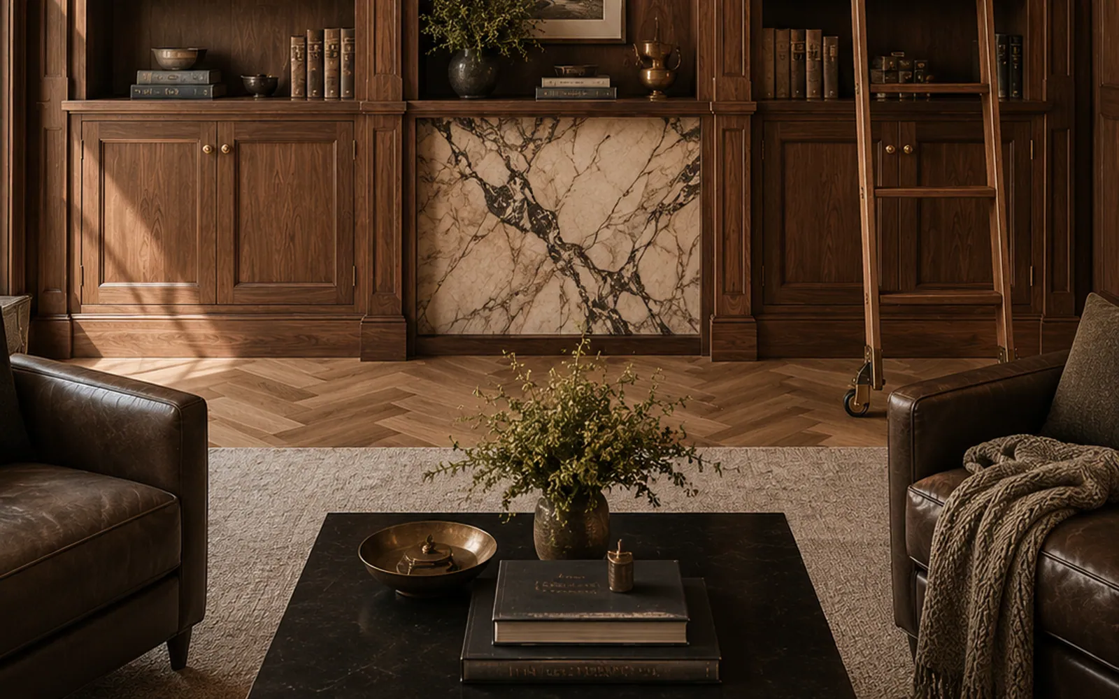 Warm wood library with built-in shelving and trim.