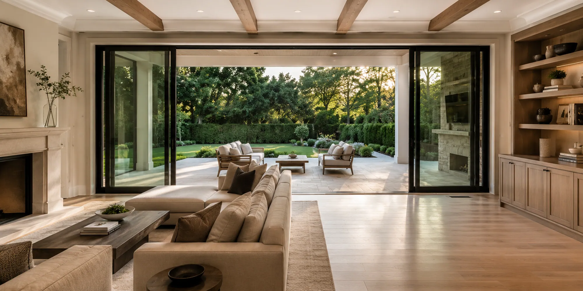 AI-generated architectural inspiration with coordinated doors, millwork and a light-filled living space