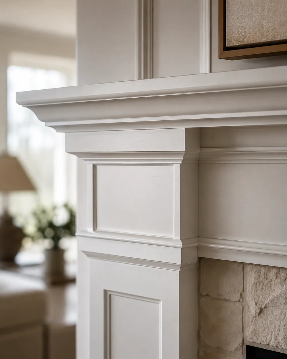 Close view of finished trim and mantel millwork.