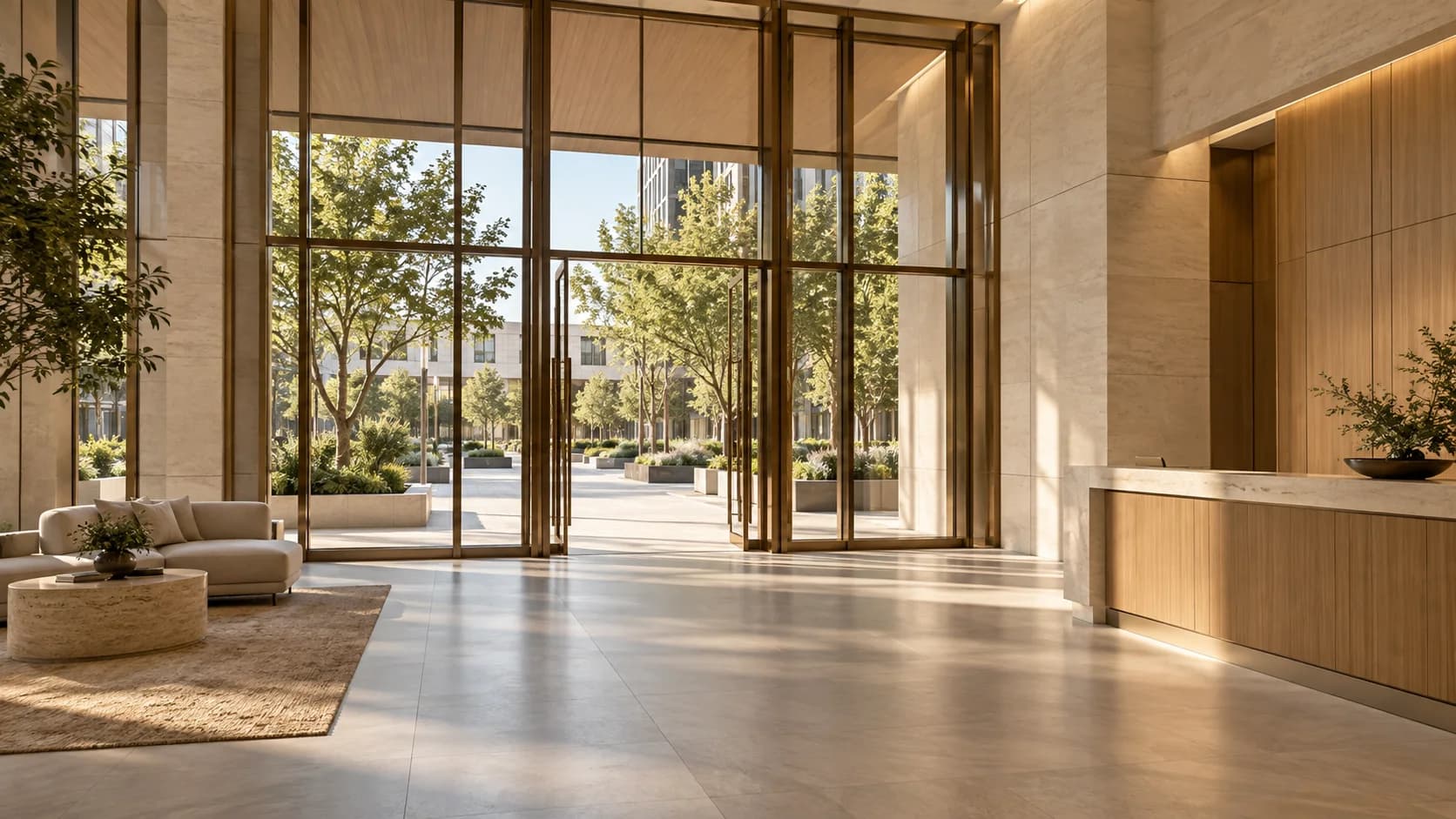 Commercial lobby with glazed storefront and oak millwork