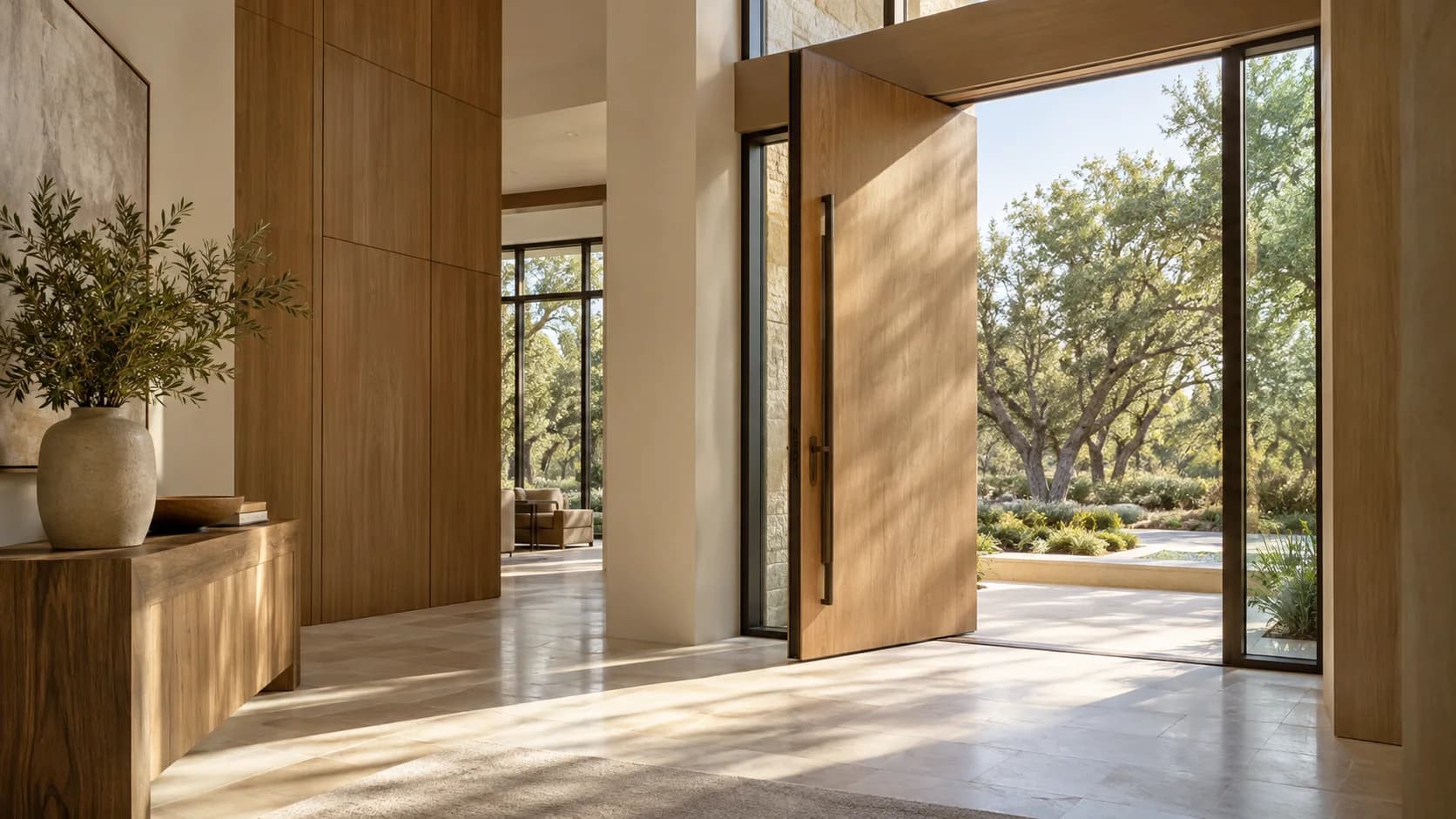 Tall white-oak entry in a limestone-floored home