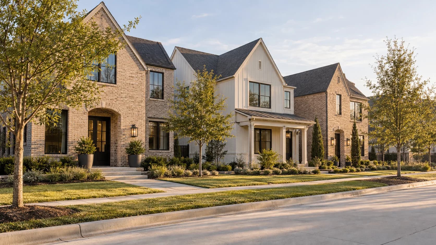 Coordinated brick and siding homes on a landscaped street