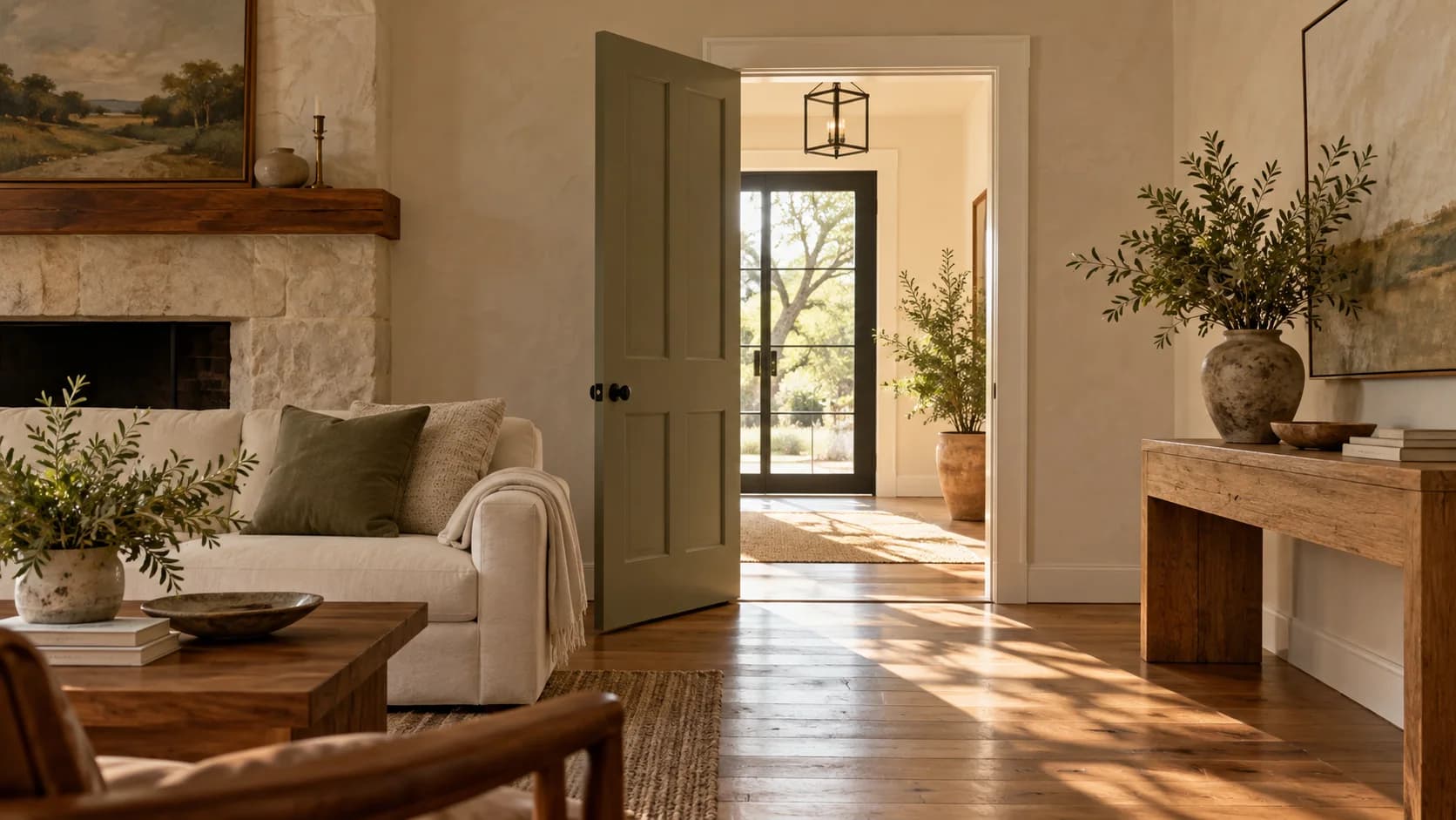 Renovated ranch-home room with sage door and painted casing