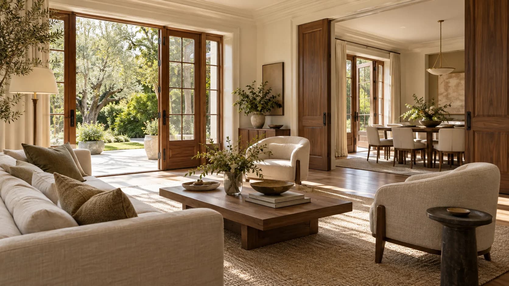 Coordinated oak door, white trim and connected living space