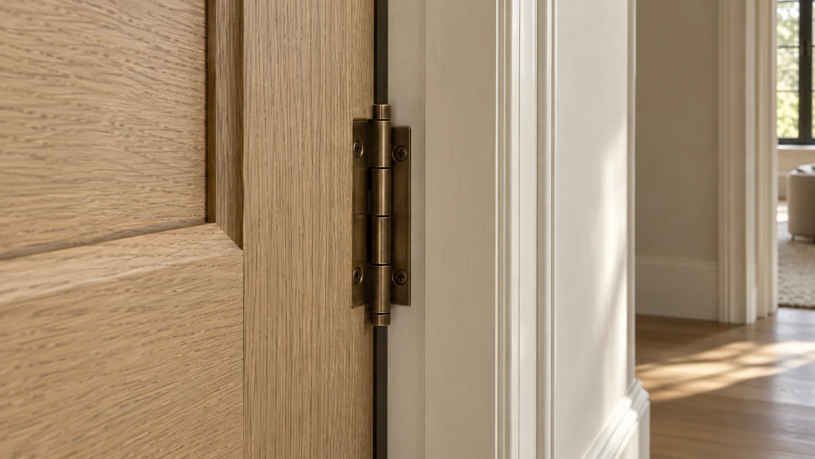 Oak door edge, bronze hinge and fitted painted casing