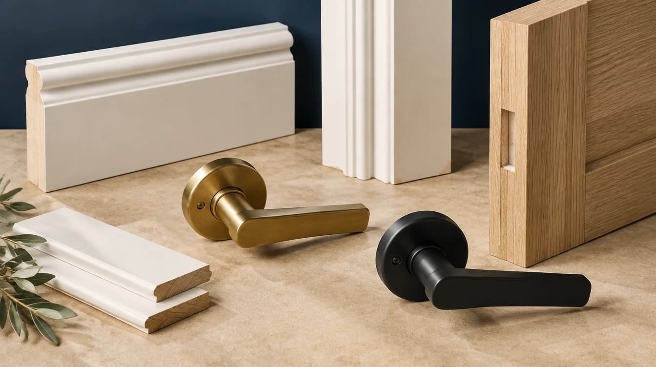 AI-generated oak, painted trim and hardware material detail