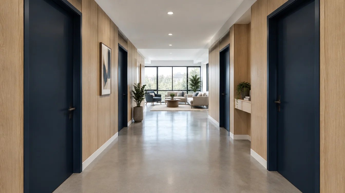 AI-generated multifamily common corridor with navy doors and oak-toned wall finishes