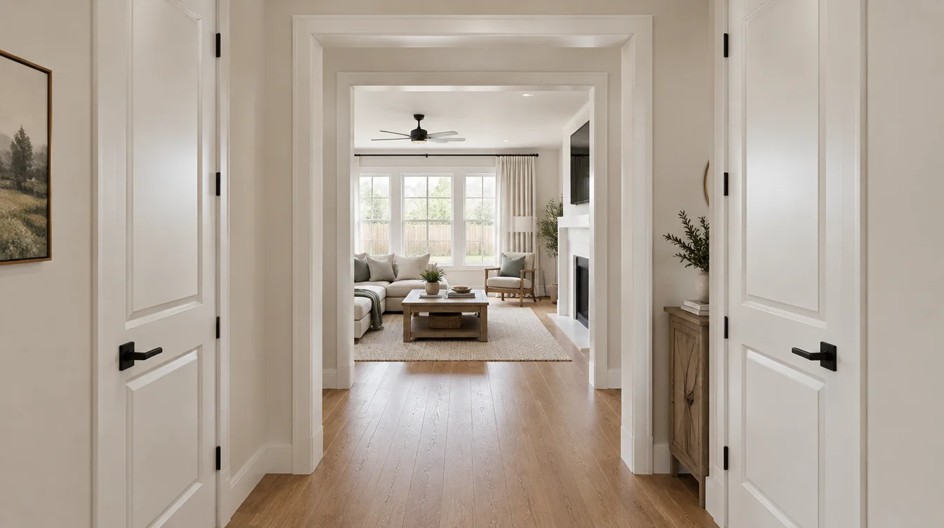 AI-generated new-home interior with aligned openings and coordinated painted doors