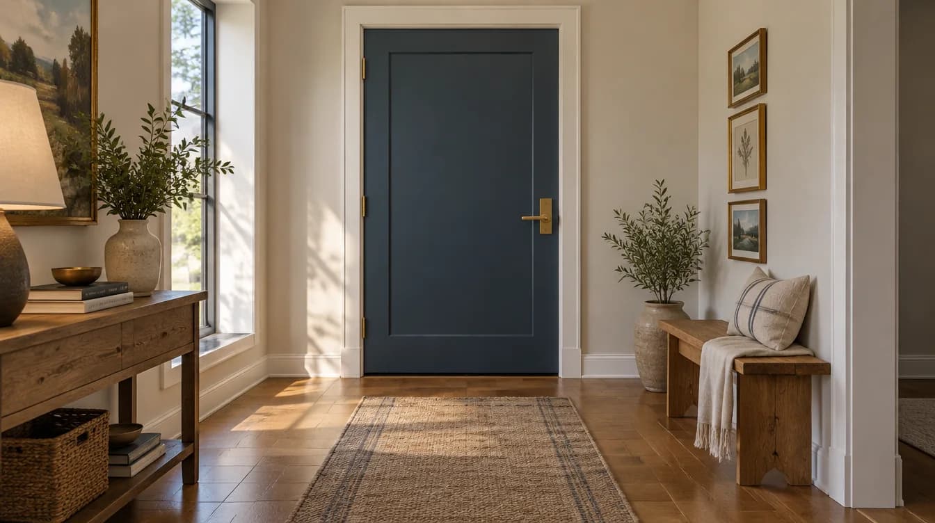 AI-generated renovated home entry with a navy door and warm brass hardware