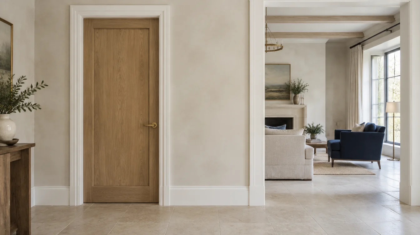 AI-generated design study of an oak door, painted casing and a connected living space